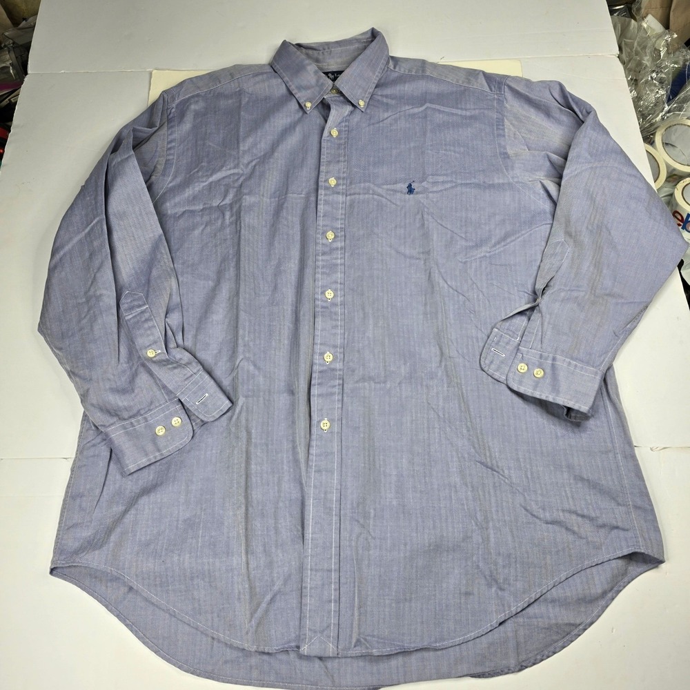 Ralph Lauren Yarmouth Mens Herringbone Blue Button Down Shirt 17 32/33 Golf